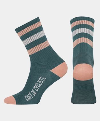 Café du Cycliste 車襪 Cycling Socks Skate Stripes Grey Pink on Scots Pine 松綠粉條紋